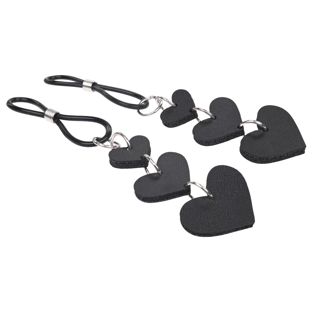Sex & Mischief Heart Nipple Ties -  Nipple Restraints - Set of 2 in black faux leather for sensual pleasure.