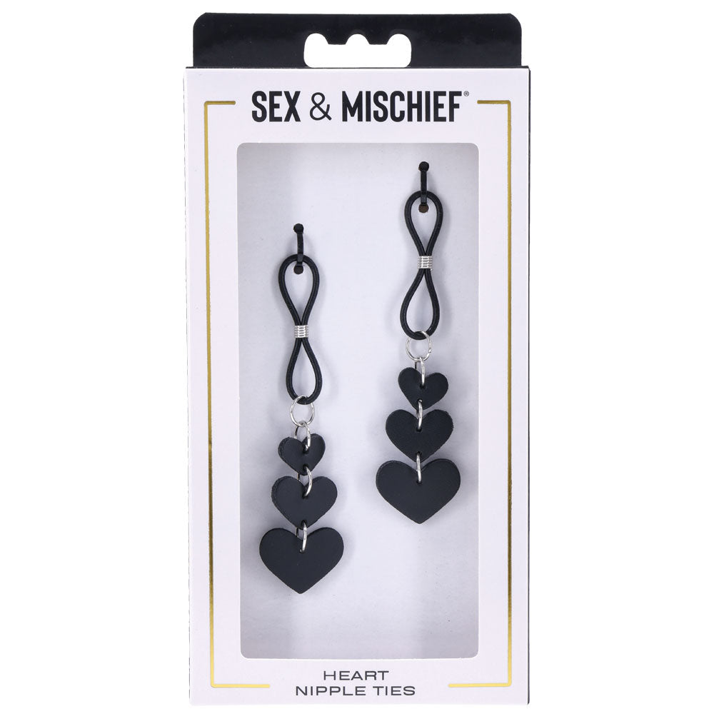 Sex & Mischief Heart Nipple Ties -  Nipple Restraints - Set of 2 in black faux leather for intimate accessories.