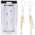 Sex & Mischief Pearl Nipple Ties - Gold/Pearl Nipple Restraints - Set of 2 in packaging with pearl and chain design.