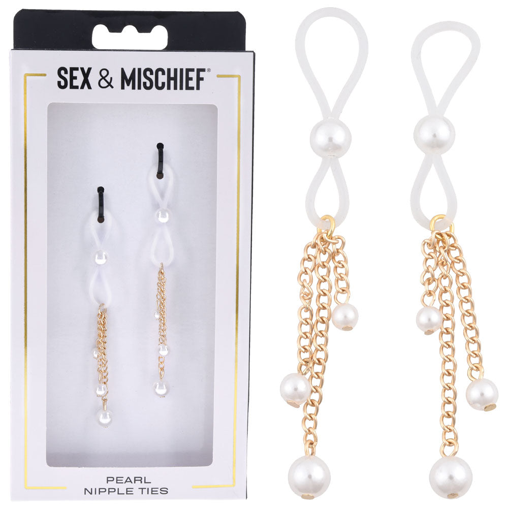 Sex & Mischief Pearl Nipple Ties - Gold/Pearl Nipple Restraints - Set of 2 in packaging with pearl and chain design.