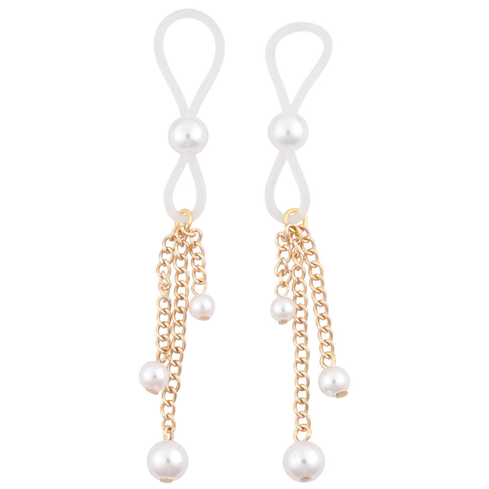 Sex & Mischief Pearl Nipple Ties - Gold/Pearl Nipple Restraints - Set of 2 with elegant pearls and gold chains.