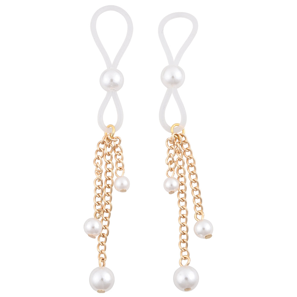Sex & Mischief Pearl Nipple Ties - Gold/Pearl Nipple Restraints - Set of 2 with pearls and gold chains.