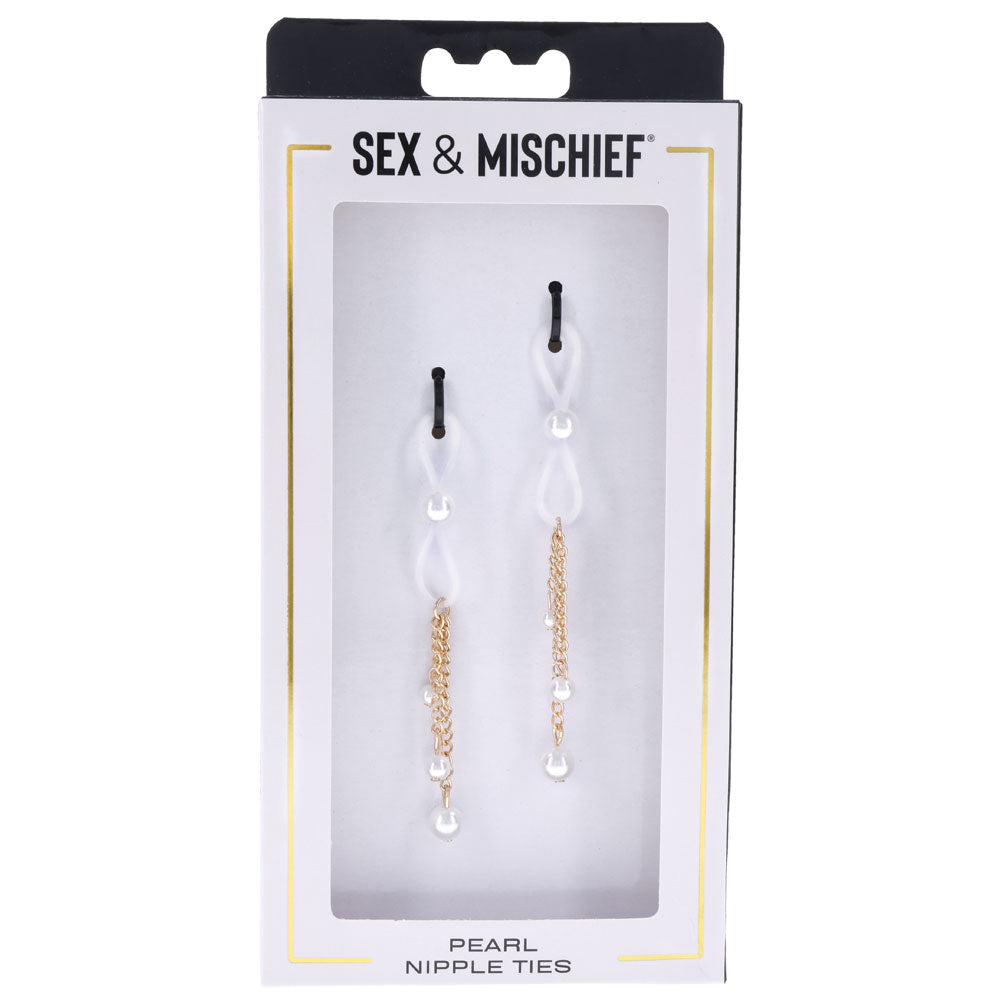 Sex & Mischief Pearl Nipple Ties - Gold/Pearl Nipple Restraints - Set of 2 in elegant packaging.