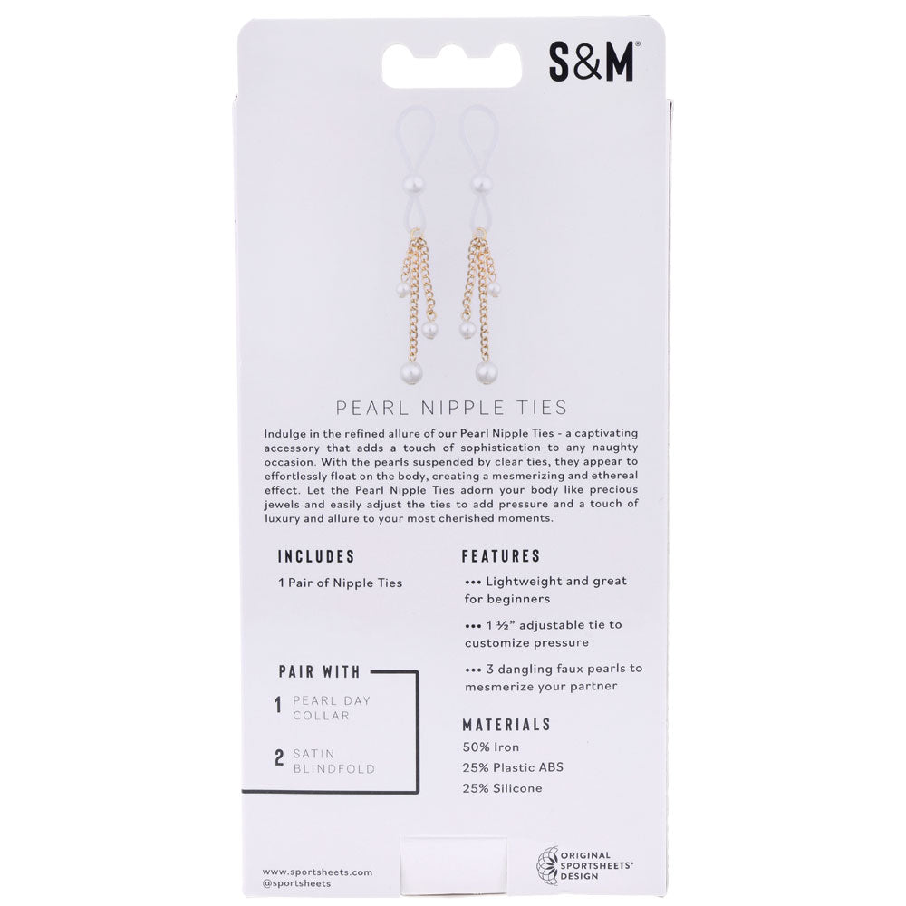 Sex & Mischief Pearl Nipple Ties - Gold/Pearl Nipple Restraints - Set of 2 packaging with features and materials details.