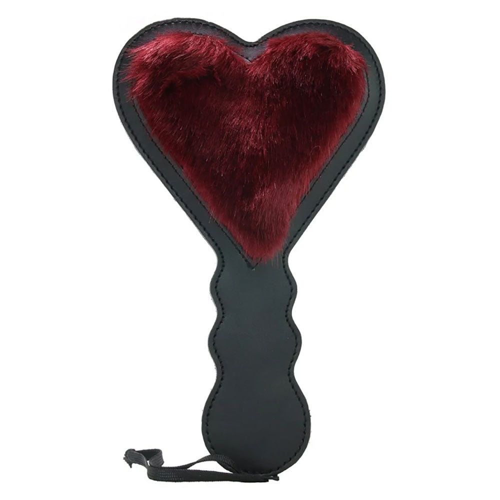 Sex & Mischief Enchanted Heart Paddle - /Black Paddle, dual sided paddle with vegan burgundy fur and faux leather.