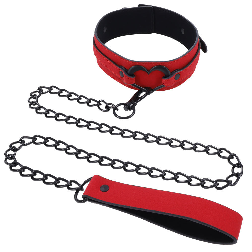 Sex & Mischief Amor Collar and Leash -  Restraint in red vegan leather with silver heart embellishment.