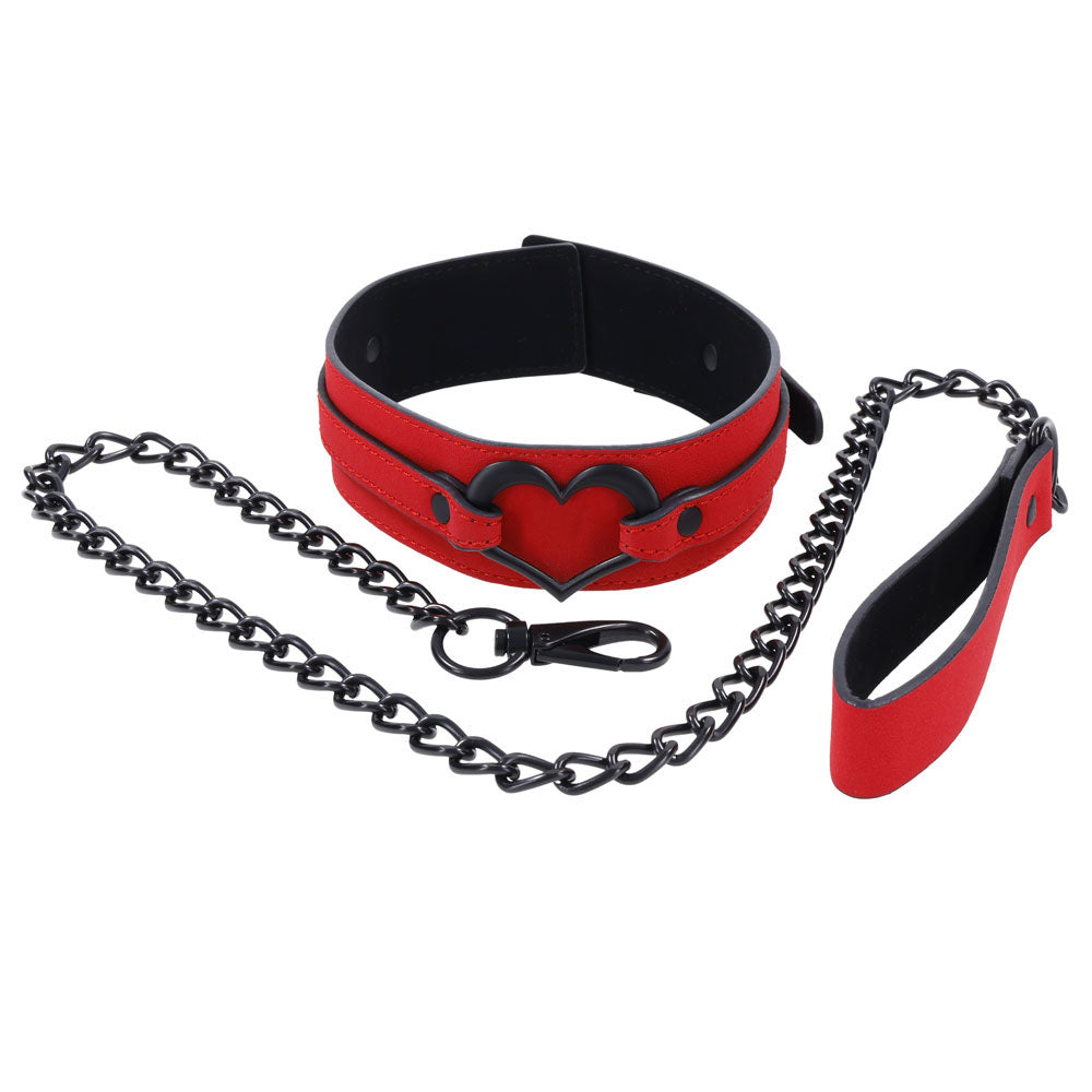 Sex & Mischief Amor Collar and Leash -  Restraint featuring red vegan leather, silver heart embellishment, and chain leash.