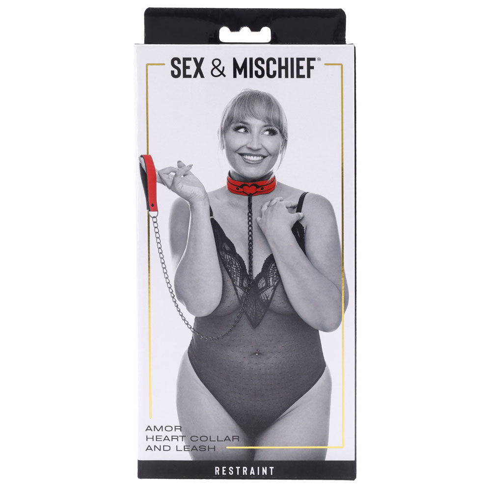 Packaging of Sex & Mischief Amor Collar and Leash - Restraint featuring a model in intimate apparel.