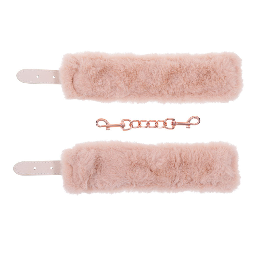 Sex & Mischief Peaches n CreaMe Fur Handcuffs - Peach Restraints, soft faux fur cuffs with rose gold chain.