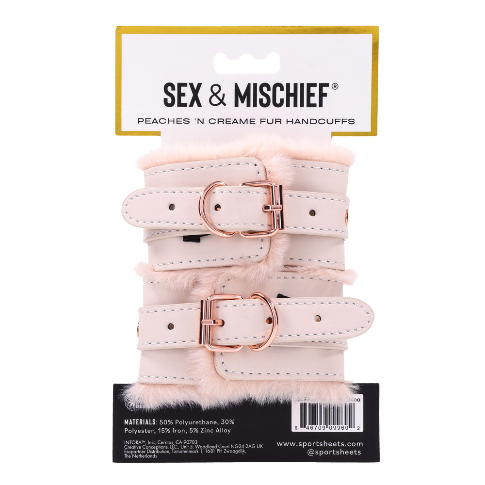Sex & Mischief Peaches n CreaMe Fur Handcuffs - Peach Restraints for playful intimate moments.