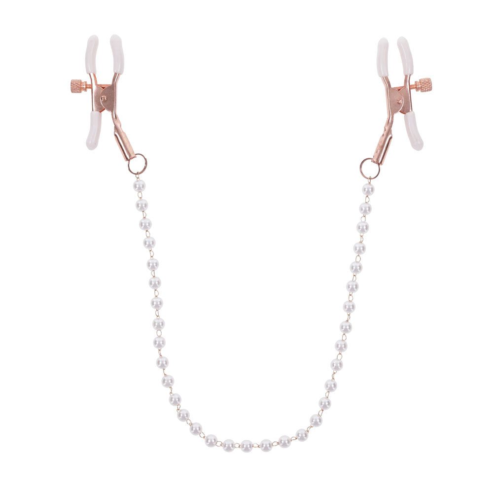 Sex & Mischief Peaches n CreaMe Pearl Nipple Clamps - Peach Nipple Restraints with adjustable clamps and pearl accents.