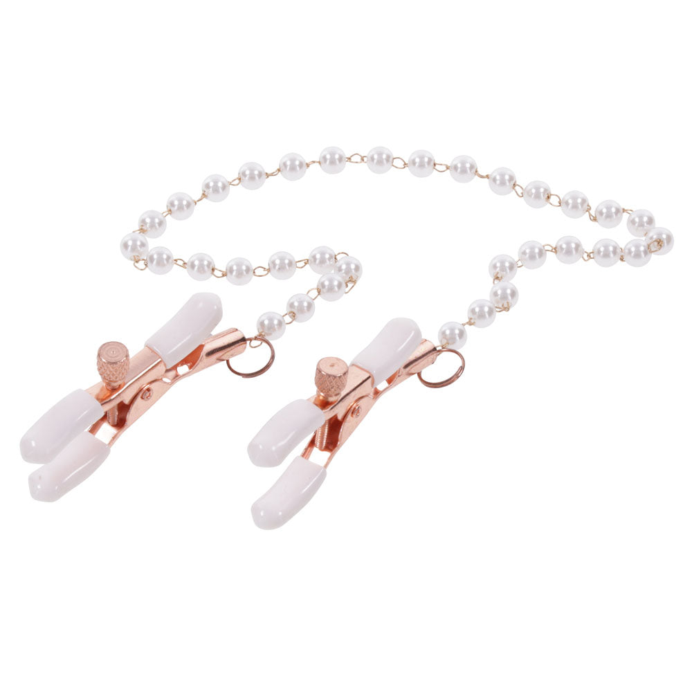 Sex & Mischief Peaches n CreaMe Pearl Nipple Clamps - Peach Nipple Restraints with rose gold and pearl accents.