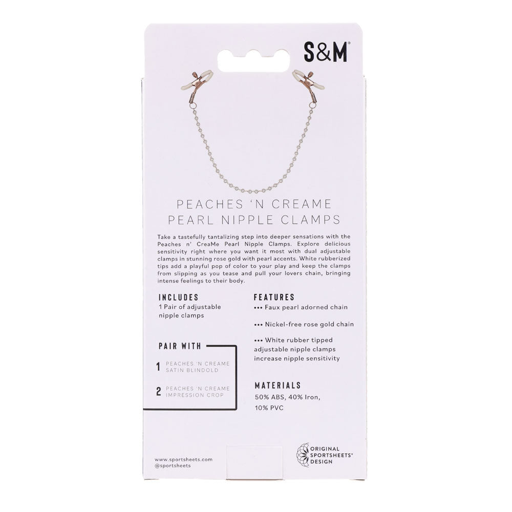 Sex & Mischief Peaches n CreaMe Pearl Nipple Clamps - Peach Nipple Restraints packaging with features and materials.