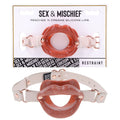 Sex & Mischief Peaches n CreaMe Silicone Lips - Peach Mouth Restraint on display with packaging and strap.