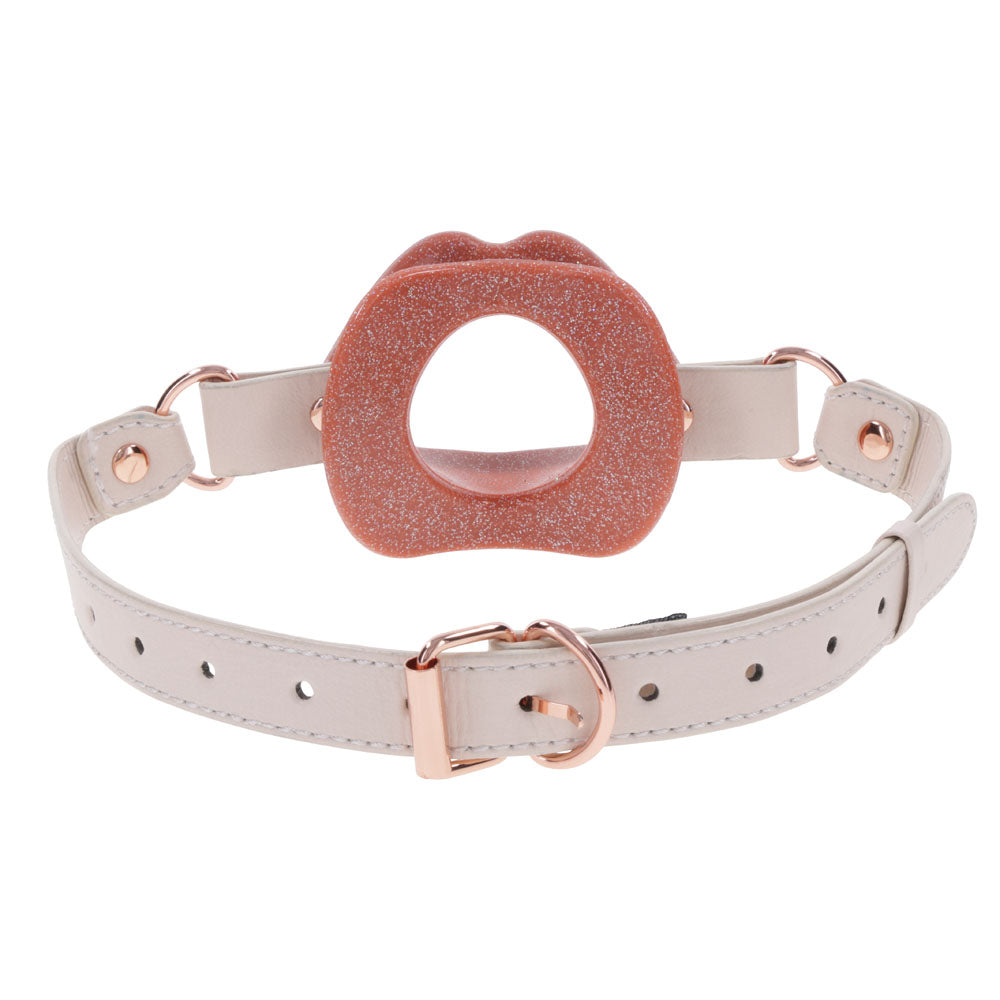 Sex & Mischief Peaches n CreaMe Silicone Lips - Peach Mouth Restraint with faux leather buckle and peach hue.