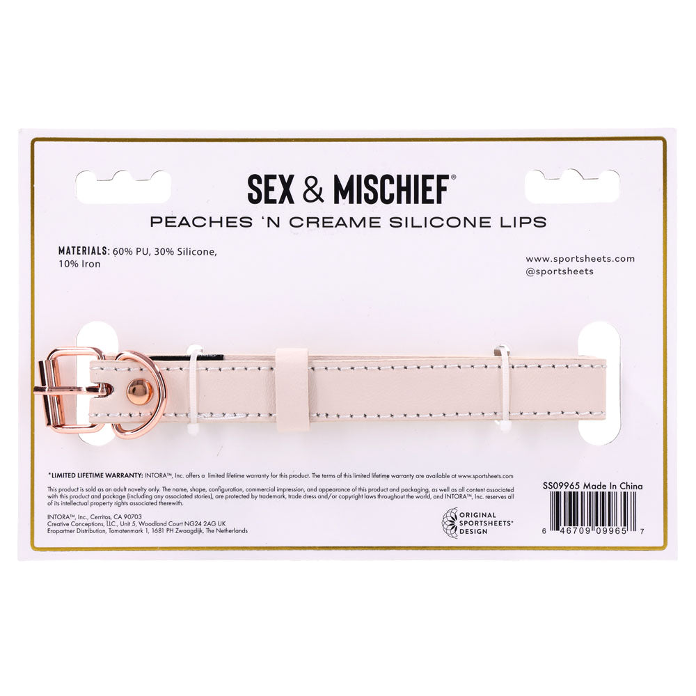 Sex & Mischief Peaches n CreaMe Silicone Lips - Peach Mouth Restraint packaging with materials details