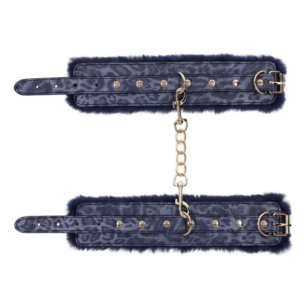 Sex & Mischief Cougar Fur Handcuffs - Navy /Gold Furry Restraints Sportsheets Discreet Intimate Essentials.