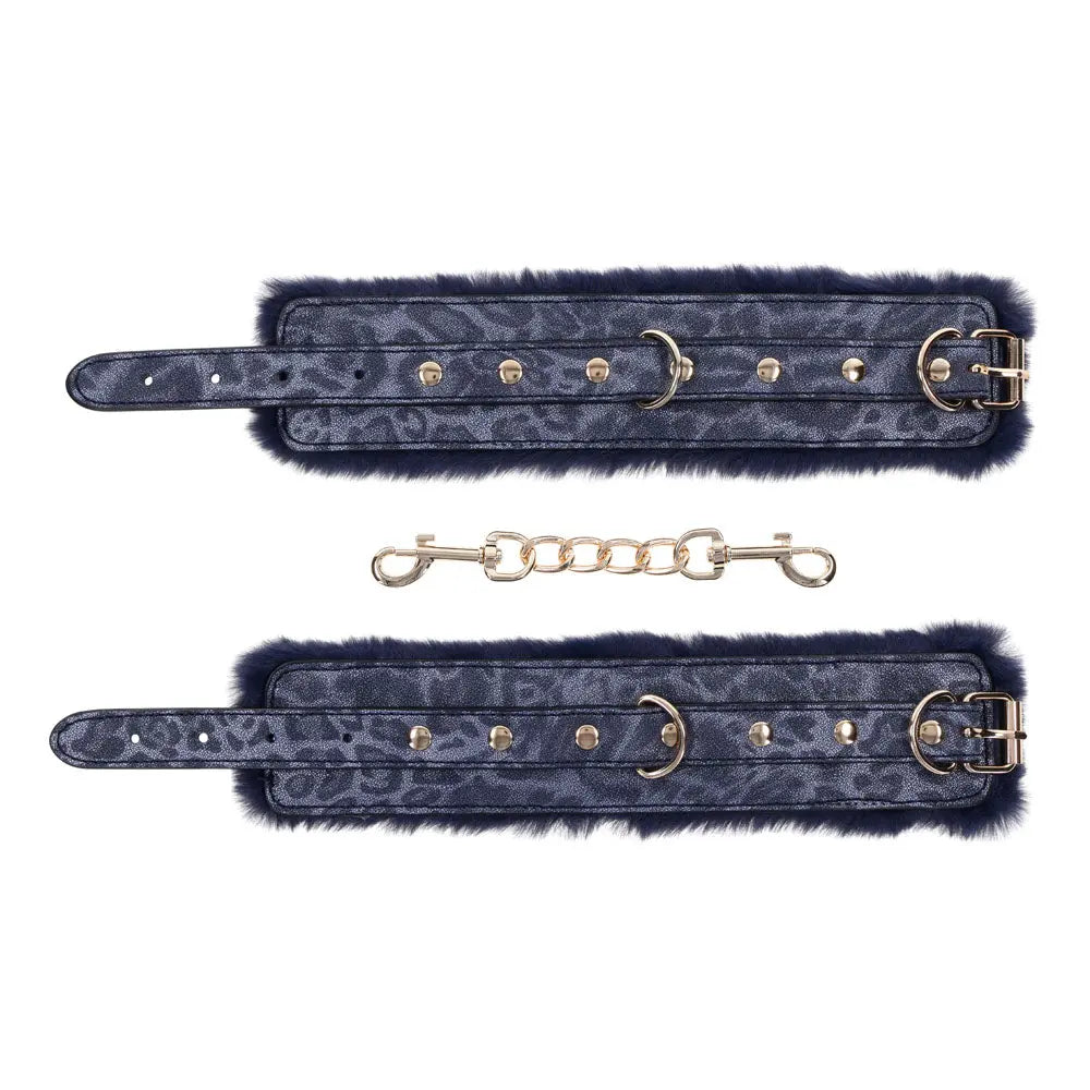 Sex & Mischief Cougar Fur Handcuffs - Navy /Gold Furry Restraints Sportsheets Discreet Intimate Essentials.