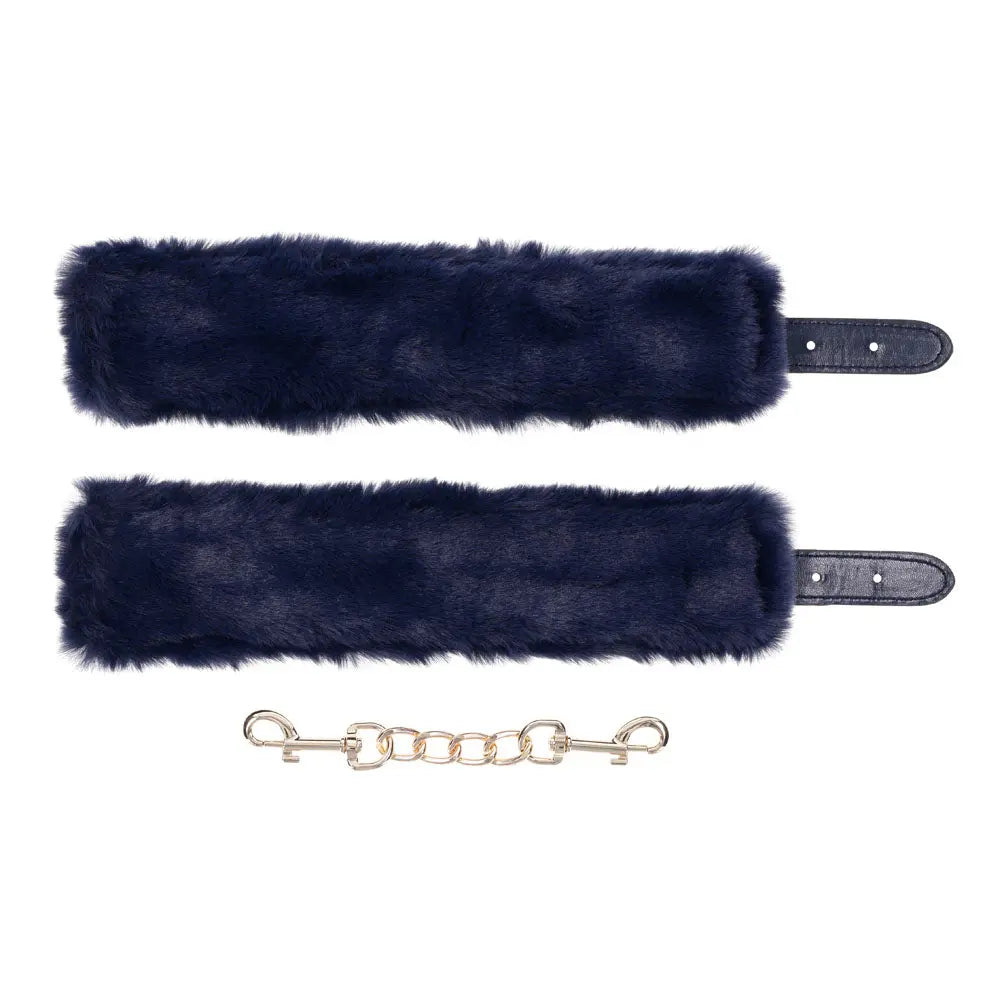 Sex & Mischief Cougar Fur Handcuffs - Navy /Gold Furry Restraints Sportsheets Discreet Intimate Essentials.