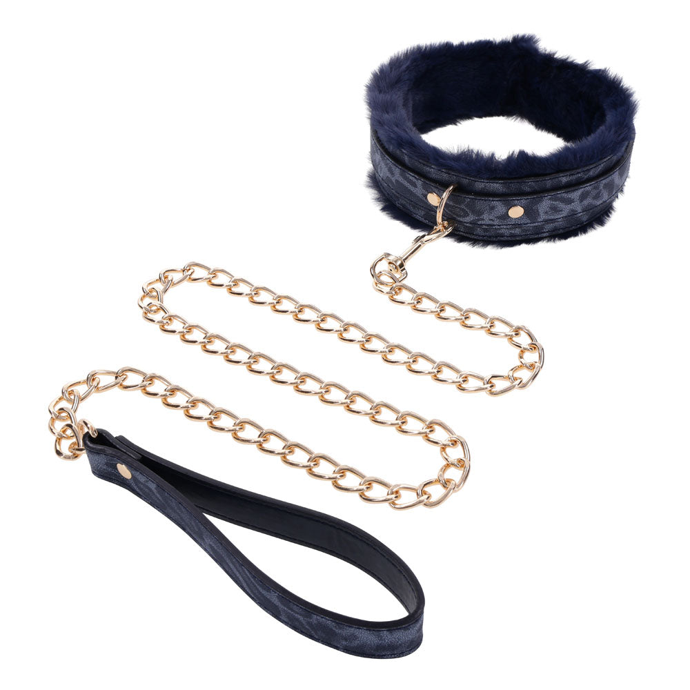 Sex & Mischief Cougar Fur Collar & Leash - Navy /Gold Furry Restraint with faux fur and gold chain.