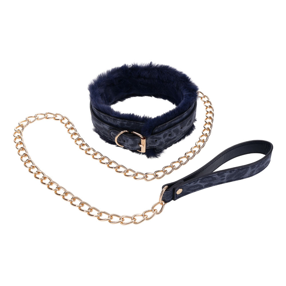 Sex & Mischief Cougar Fur Collar & Leash - Navy /Gold Furry Restraint featuring a faux fur collar and gold chain leash.