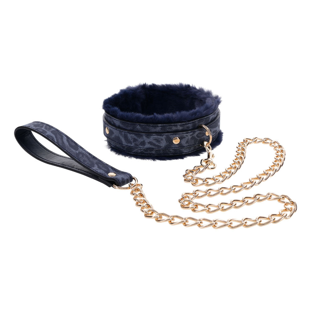 Sex & Mischief Cougar Fur Collar & Leash - Navy /Gold Furry Restraint with gold chain and faux fur lining