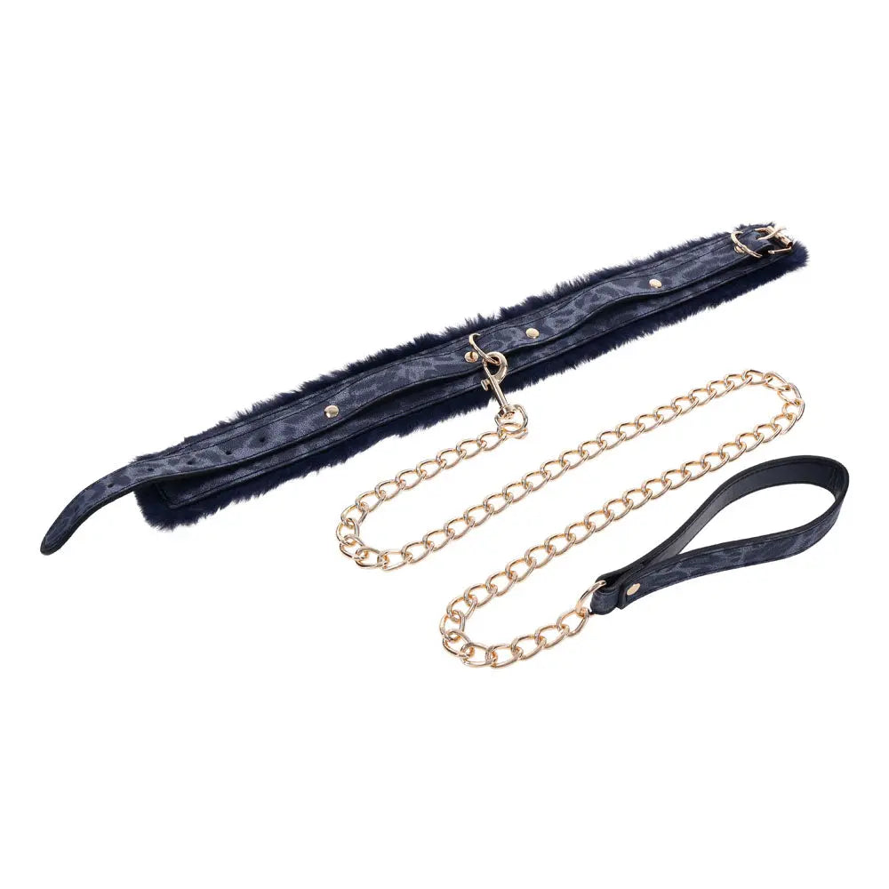 Sex & Mischief Cougar Fur Collar & Leash - Navy /Gold Furry Restraint Sportsheets Discreet Intimate Essentials.