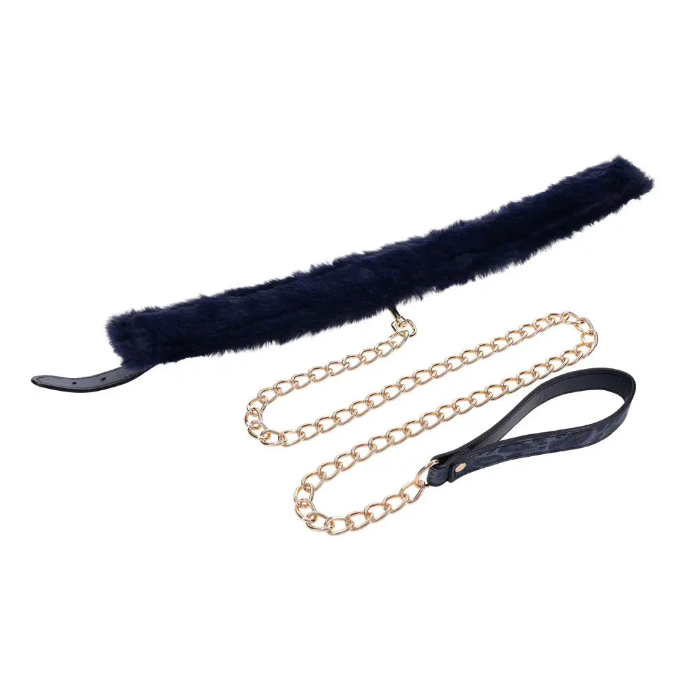 Sex & Mischief Cougar Fur Collar & Leash - Navy /Gold Furry Restraint Sportsheets Discreet Intimate Essentials.