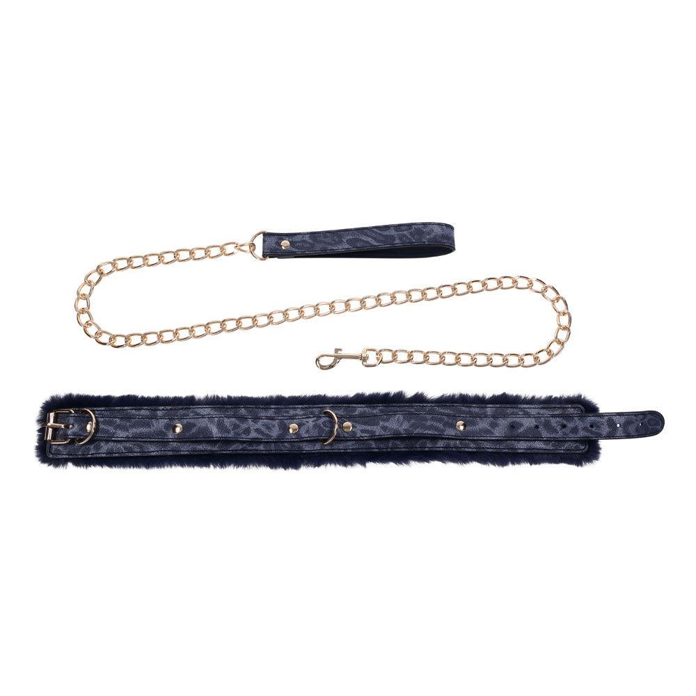 Sex & Mischief Cougar Fur Collar & Leash - Navy /Gold Furry Restraint with faux fur and gold chain for intimate play.