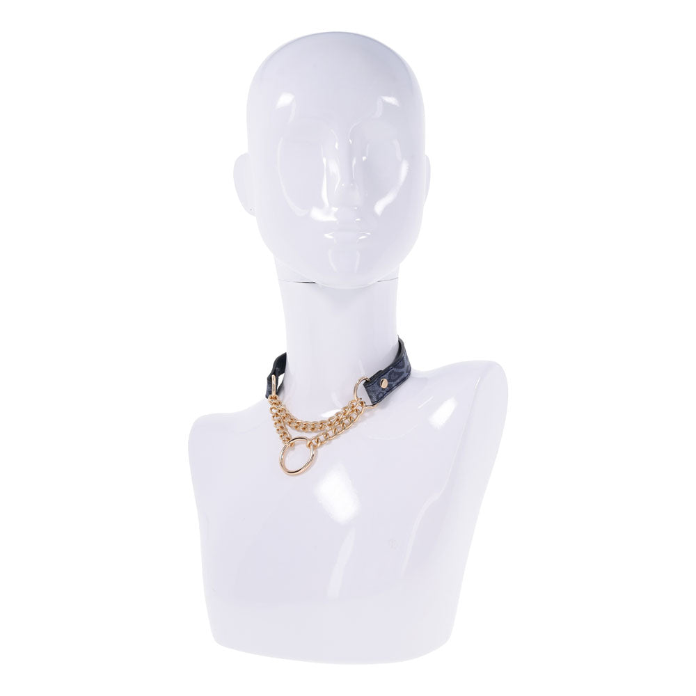 Sex & Mischief Cougar Day Collar - Navy /Gold Collar displayed on a mannequin, highlighting its stylish design and gold accents.