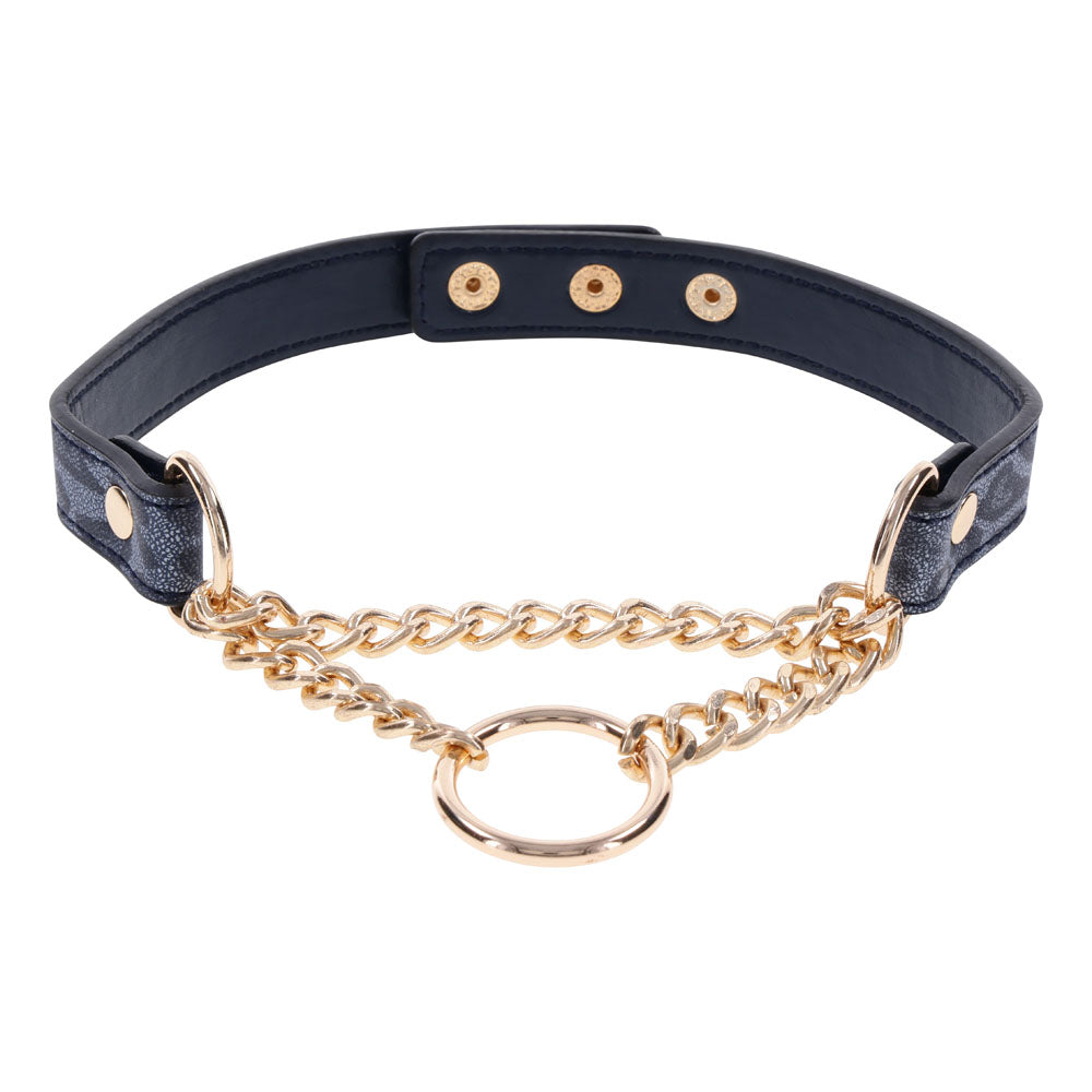 Sex & Mischief Cougar Day Collar - Navy /Gold Collar featuring gold chain and ring, stylish accessory for intimate essentials.