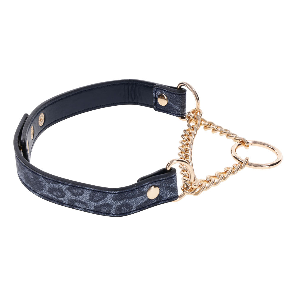 Sex & Mischief Cougar Day Collar - Navy /Gold Collar featuring animal-printed faux leather and gold hardware.