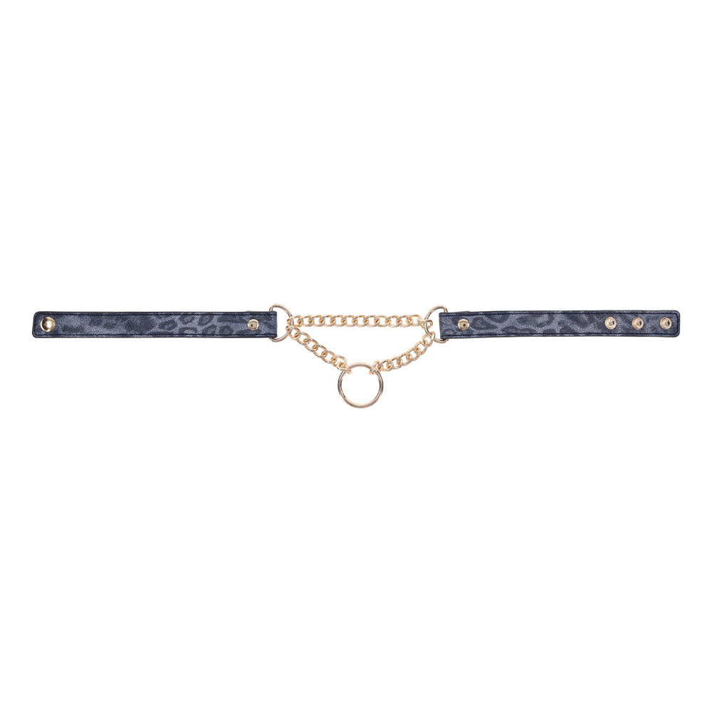 Sex & Mischief Cougar Day Collar - Navy /Gold Collar featuring animal-printed faux leather and gold hardware.