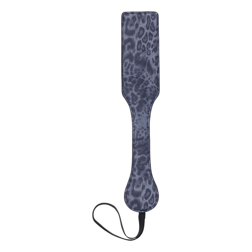 Sex & Mischief Cougar Studded Paddle - Navy  Paddle with Gold Studs featuring rich blue leopard print and wrist loop.