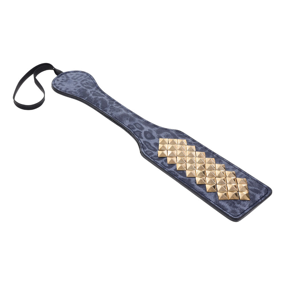 Sex & Mischief Cougar Studded Paddle - Navy  Paddle with Gold Studs showcasing a stylish design with gold studs on blue faux leather.