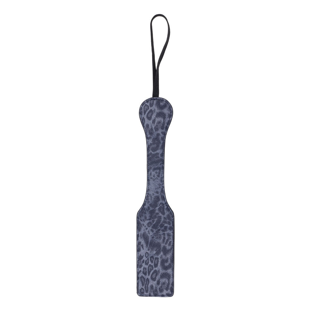Sex & Mischief Cougar Studded Paddle - Navy  Paddle with Gold Studs featuring leopard print and wrist loop for easy handling.