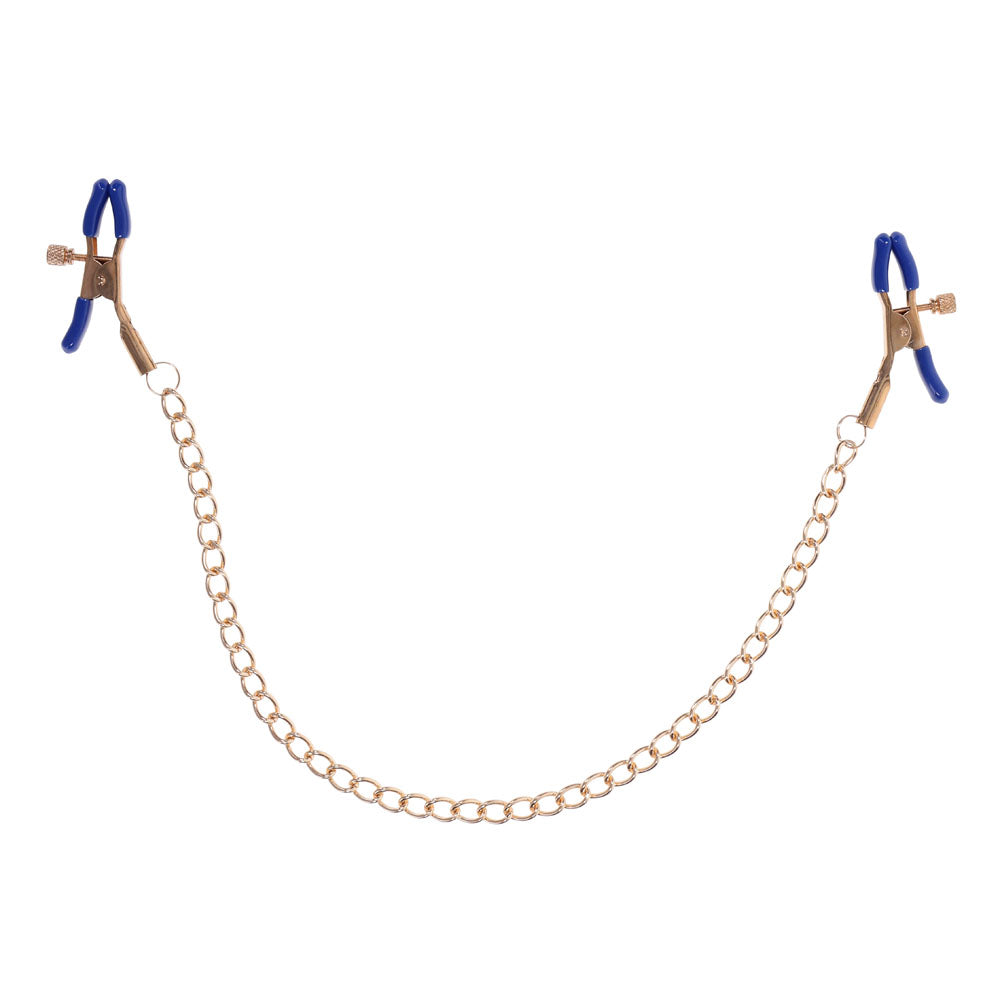 Sex & Mischief Cougar Chained Nipple Clamps - Gold Nipple Clamps with Cougar Chain on a white background.