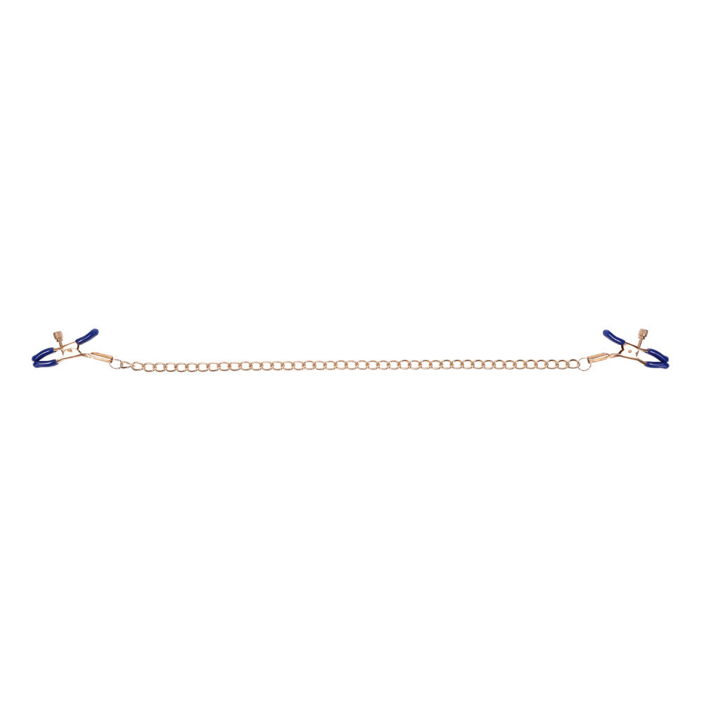 Sex & Mischief Cougar Chained Nipple Clamps - Gold Nipple Clamps with Cougar Chain featuring adjustable tension and blue accents.