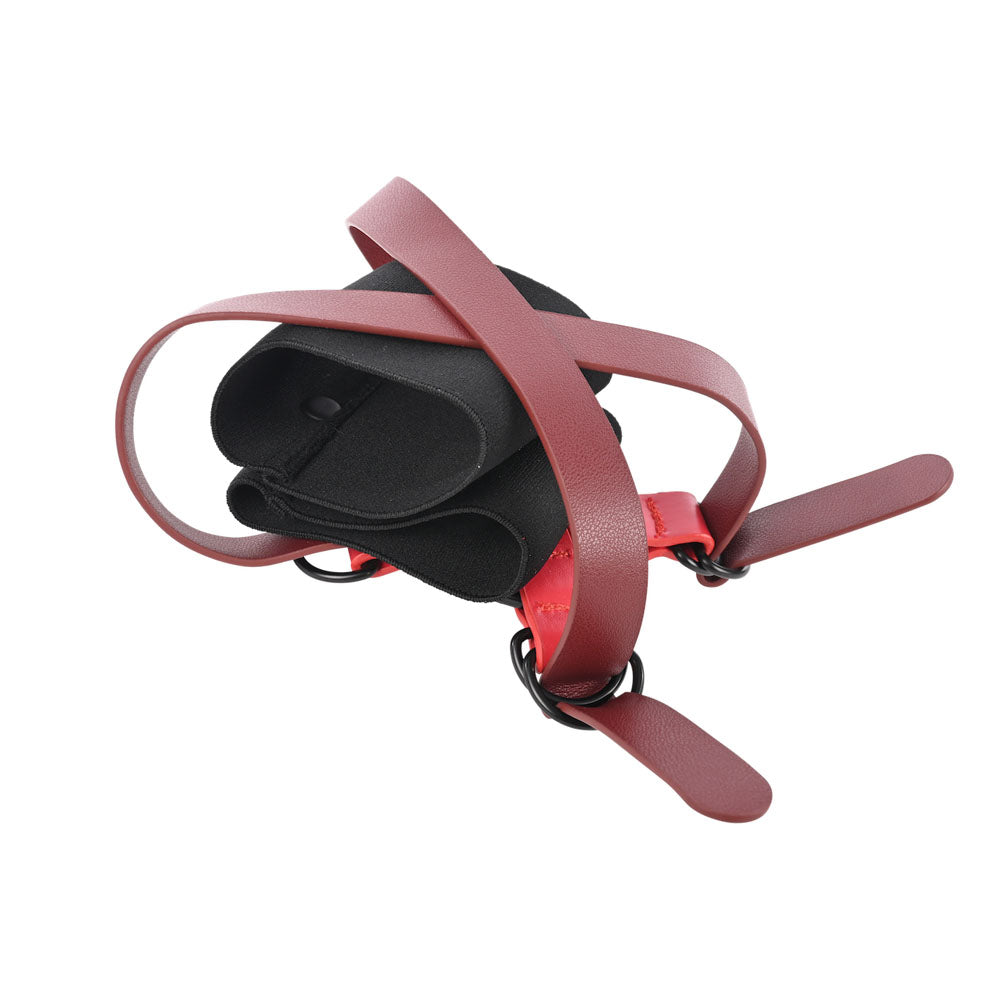S&M Exs & Ohs Cross Cuffs - /Black Restraints in black and burgundy, featuring adjustable straps and soft interior cuffs.