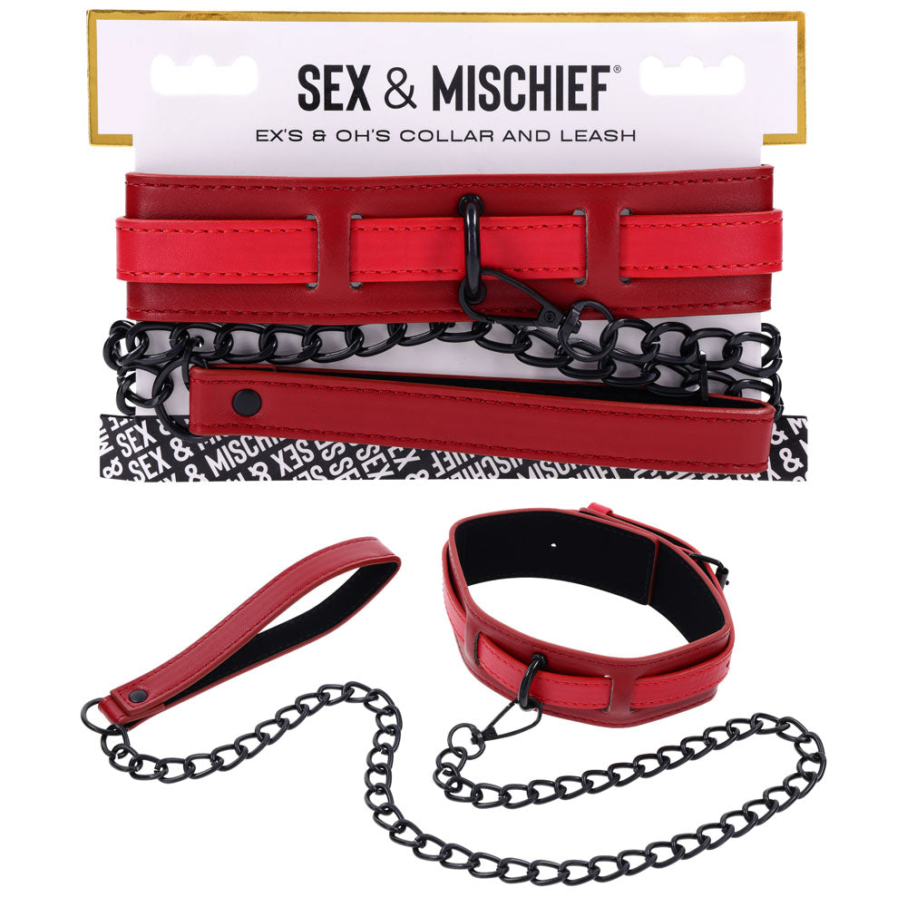 S&M Exs & Ohs Collar and Leash - Neck Restraint set featuring deep red faux leather and black chain, perfect for intimate essentials.