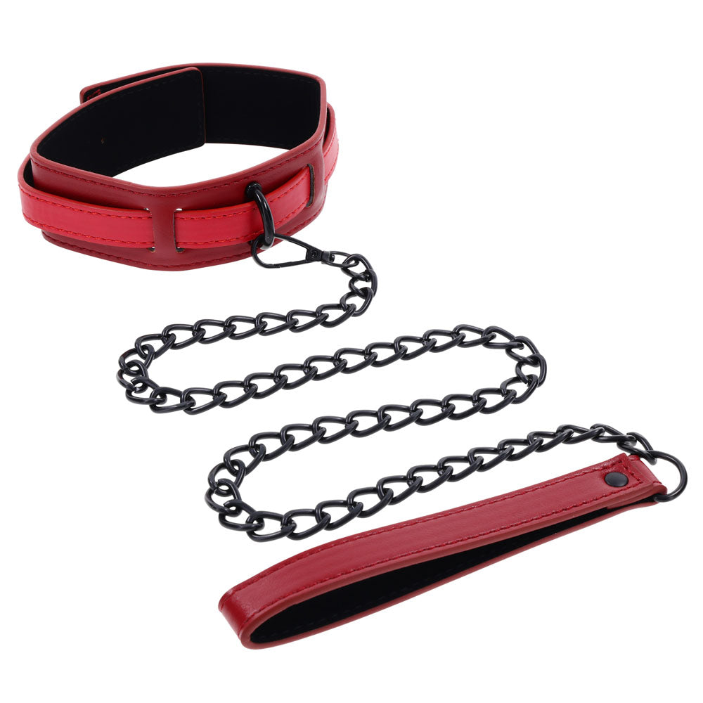S&M Exs & Ohs Collar and Leash - Neck Restraint featuring a red faux leather collar and matte black chain leash.