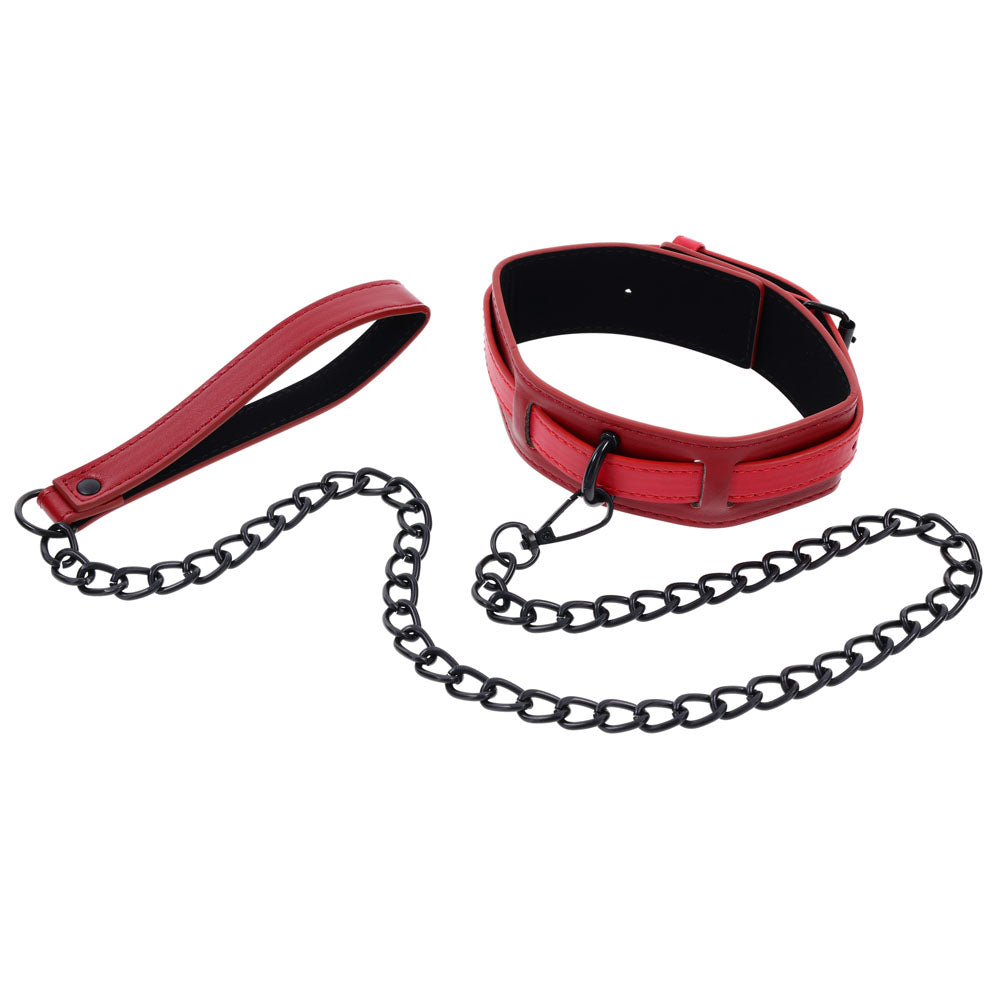 S&M Exs & Ohs Collar and Leash -  Neck Restraint featuring a red faux leather collar and black chain leash.