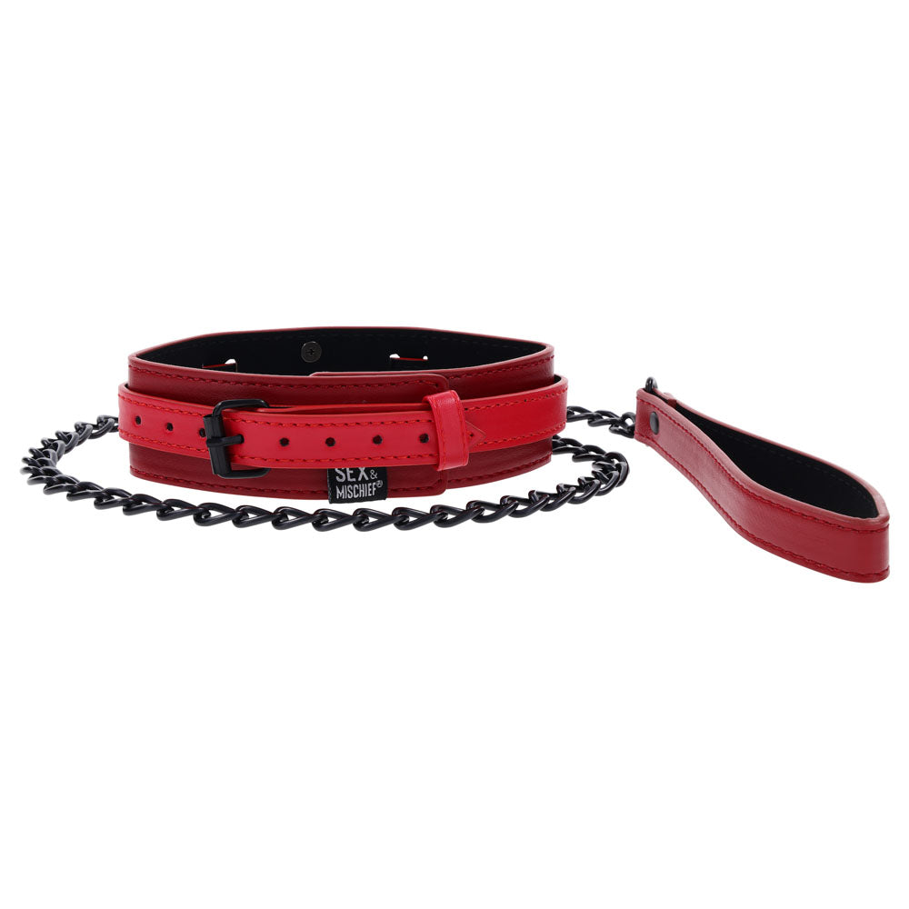 S&M Exs & Ohs Collar and Leash -  Neck Restraint featuring a red faux leather collar and black chain leash.