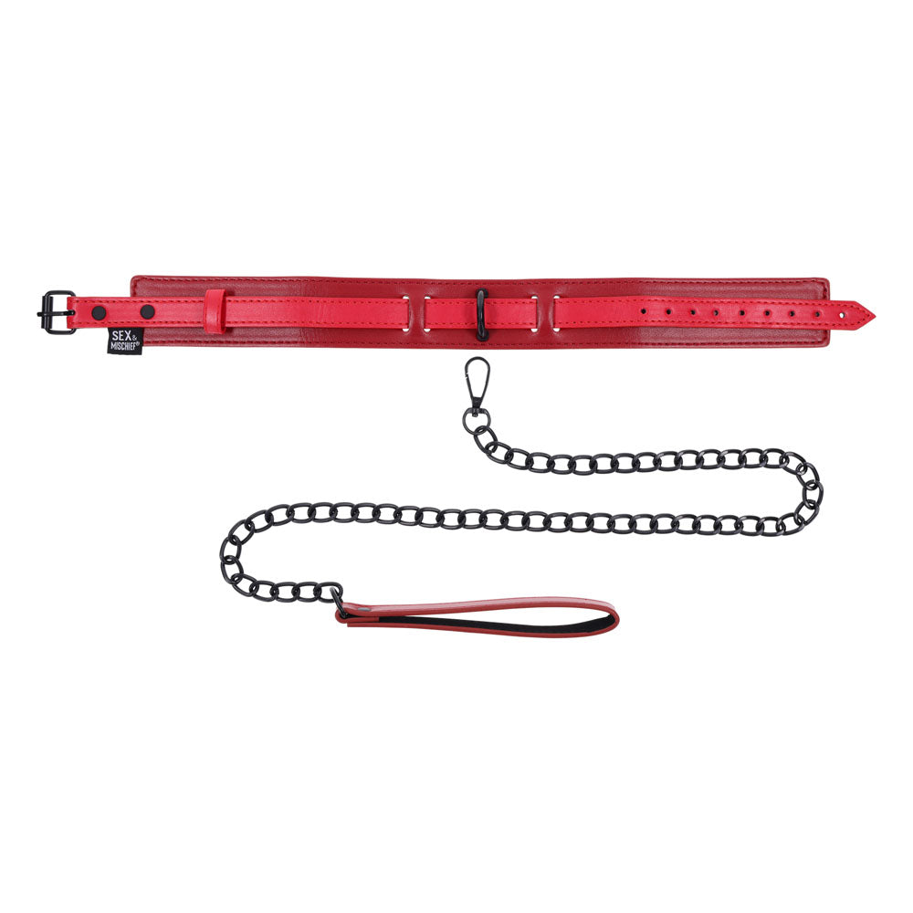S&M Exs & Ohs Collar and Leash - Neck Restraint with red faux leather collar and black chain leash.
