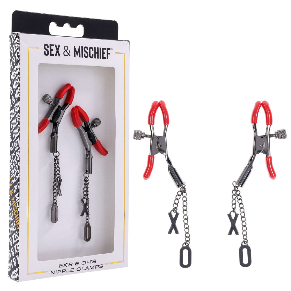 S&M Exs & Ohs Nipple Clamps -  Tipped Metal Nipple Clamps - Set of 2 showcased in elegant packaging.