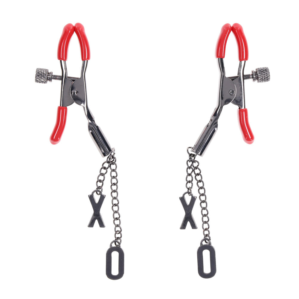 S&M Exs & Ohs Nipple Clamps -  Tipped Metal Nipple Clamps - Set of 2 with red rubber tips and dangling charms.