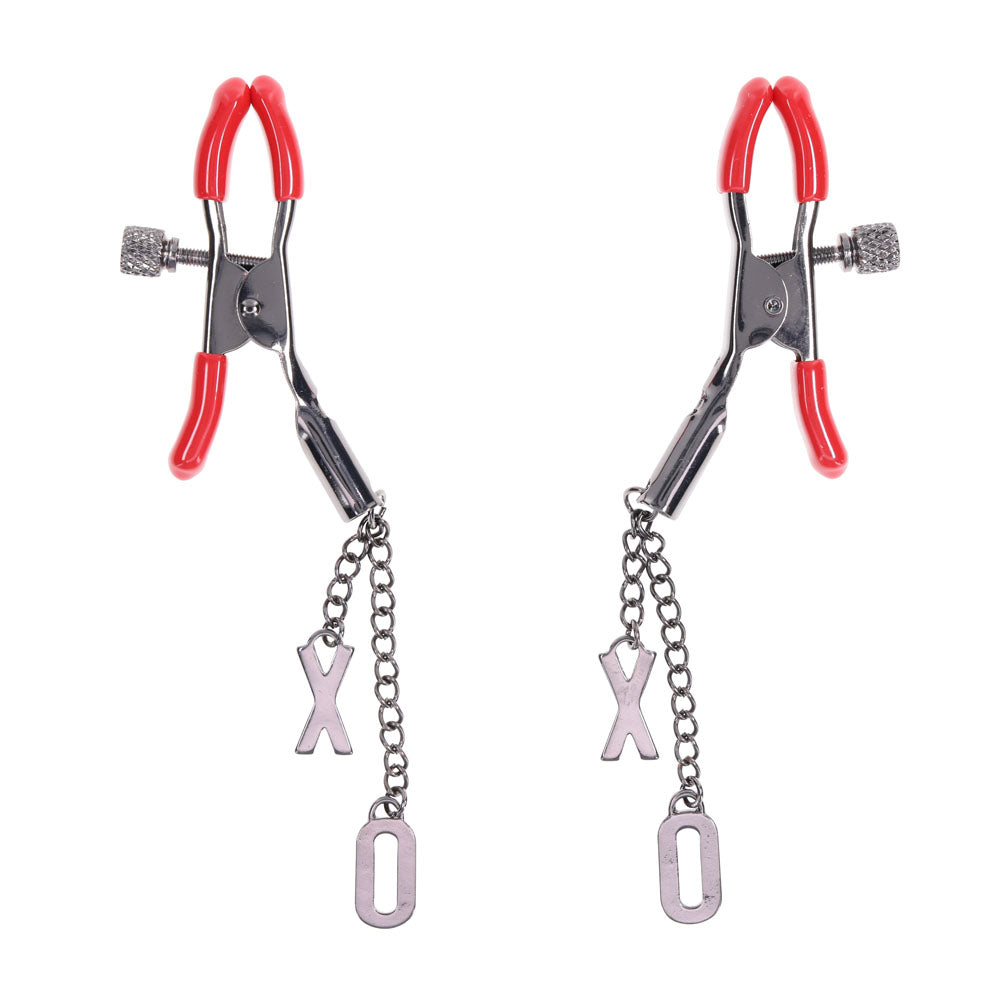 S&M Exs & Ohs Nipple Clamps -  Tipped Metal Nipple Clamps - Set of 2 with red tips and dangling X and O charms.