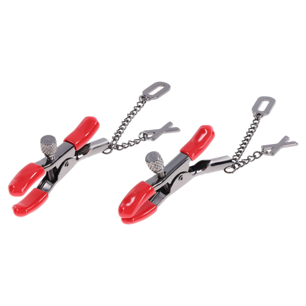 S&M Exs & Ohs Nipple Clamps -  Tipped Metal Nipple Clamps - Set of 2 with red rubber tips and adjustable tension.