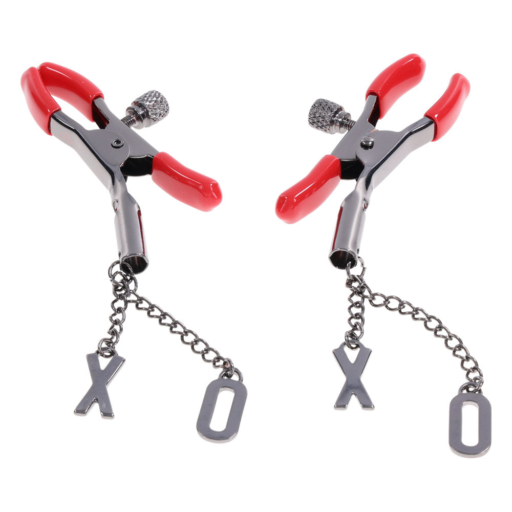 S&M Exs & Ohs Nipple Clamps -  Tipped Metal Nipple Clamps - Set of 2 with red rubber tips and dangling X O charms.
