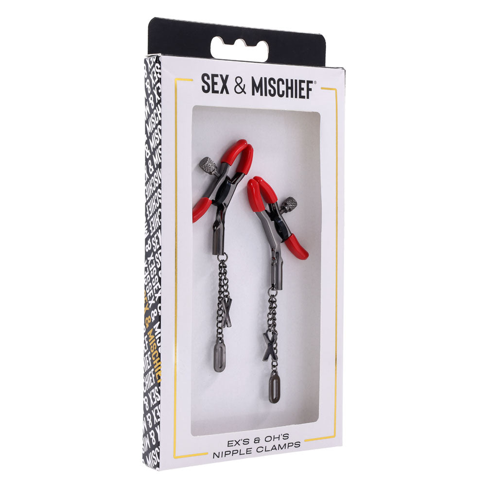 S&M Exs & Ohs Nipple Clamps -  Tipped Metal Nipple Clamps - Set of 2 in packaging showcasing elegant design.